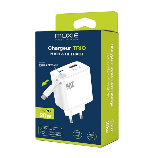 Chargeur secteur Fast charge 20W avec câble rétractable Type-C