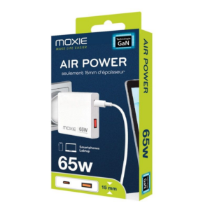 Chargeur ultra plat 65W GaN double entrée USB-C PD + USB-A QC - Moxie