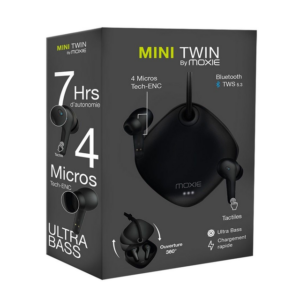 Oreillette Bluetooth stéréo Moxie Minitwin avec boitier coulissant - Noir