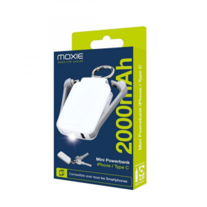 Powerbank Porte-Clés 2000mAh avec câbles Lightning + Type-C intégrés - Blanc