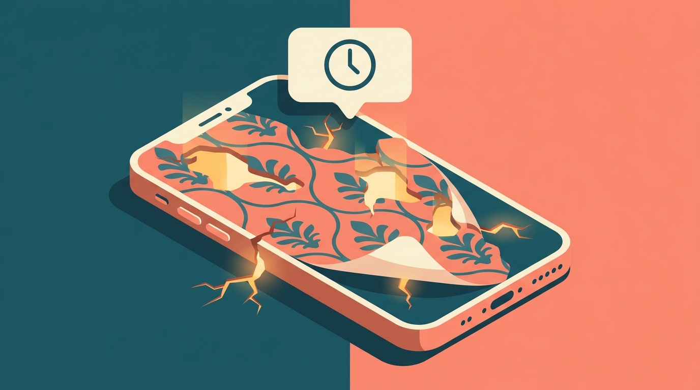 Un smartphone vieilli et fissuré laissant apparaître des failles de sécurité