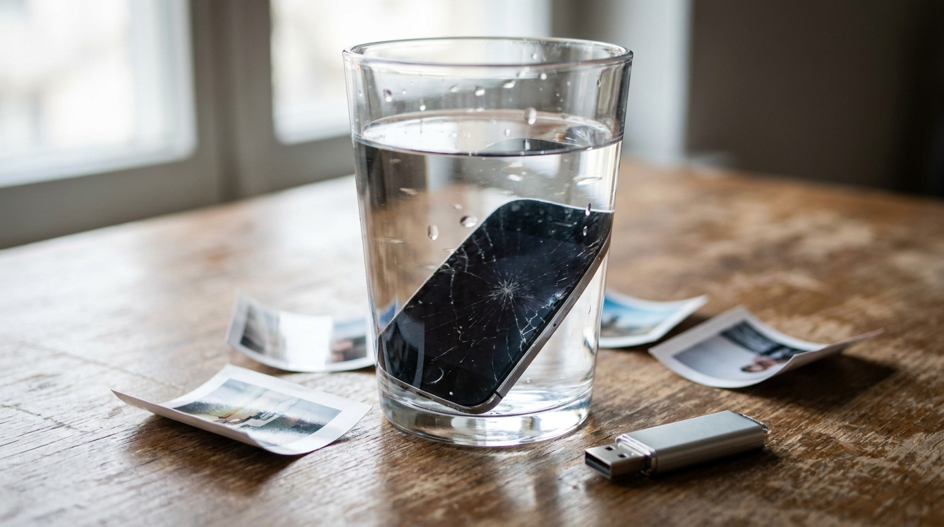 Un smartphone tombé dans l'eau, symbole de la perte accidentelle de données