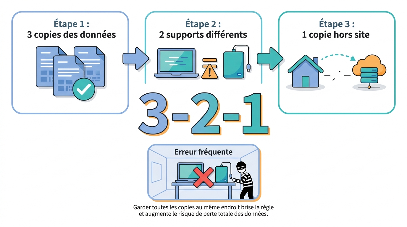 Schéma pédagogique de la règle 3-2-1 de sauvegarde : étape 1 - trois copies des données, étape 2 - deux supports de stockage différents (ordinateur et disque dur externe), étape 3 - une copie conservée hors site ; encart d'erreur fréquente montrant deux copies laissées dans la même pièce, vulnérables à un cambriolage.