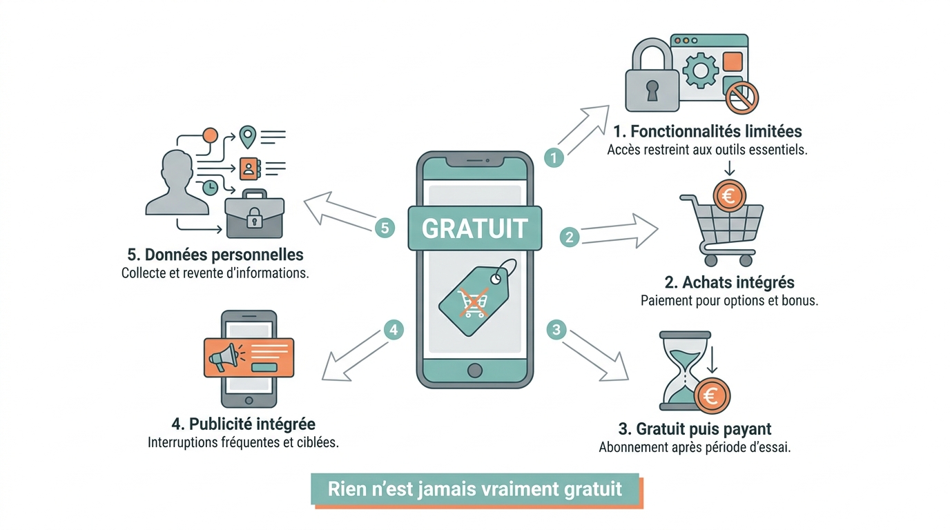 Schéma illustrant les cinq façons dont une application gratuite peut être monétisée : fonctionnalités limitées, achats intégrés, bascule vers un modèle payant, publicité intégrée et collecte de données personnelles.