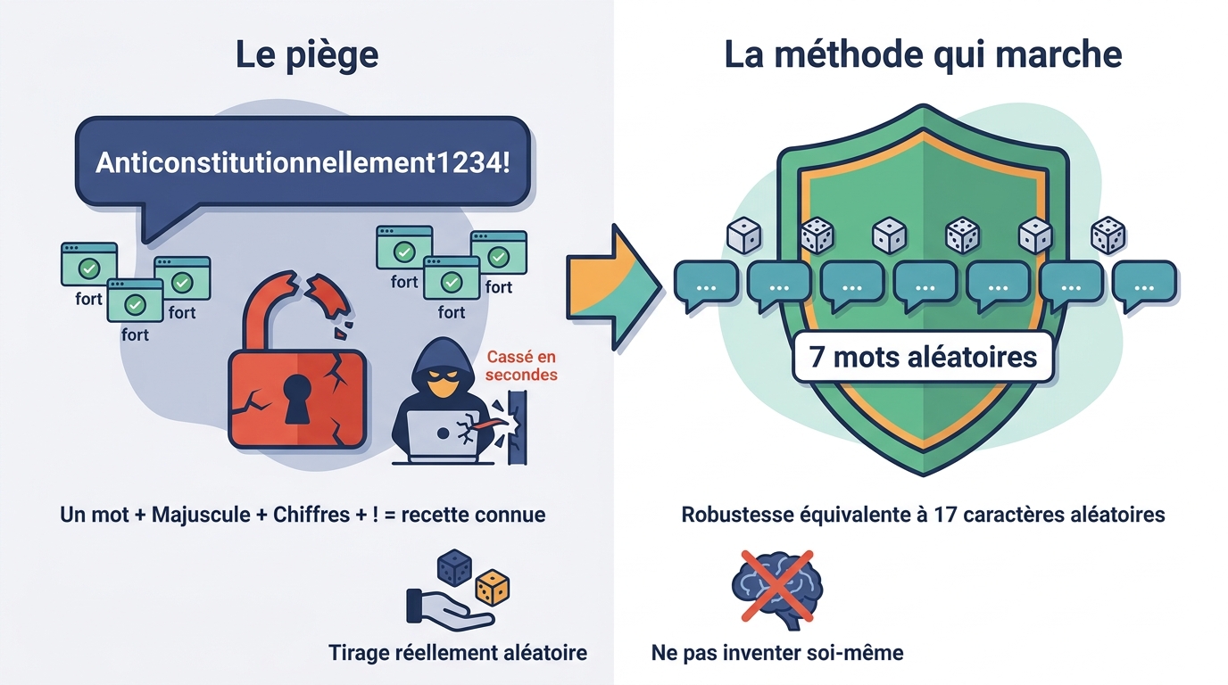 Schéma comparant un mot de passe classique jugé « fort » mais cassé en quelques secondes, et une phrase de passe de 7 mots tirés au hasard, réellement robuste et mémorisable.