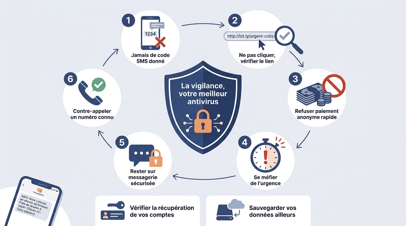 Infographie récapitulative : la vigilance comme meilleur antivirus contre le phishing, avec six réflexes clés et deux actions à mener