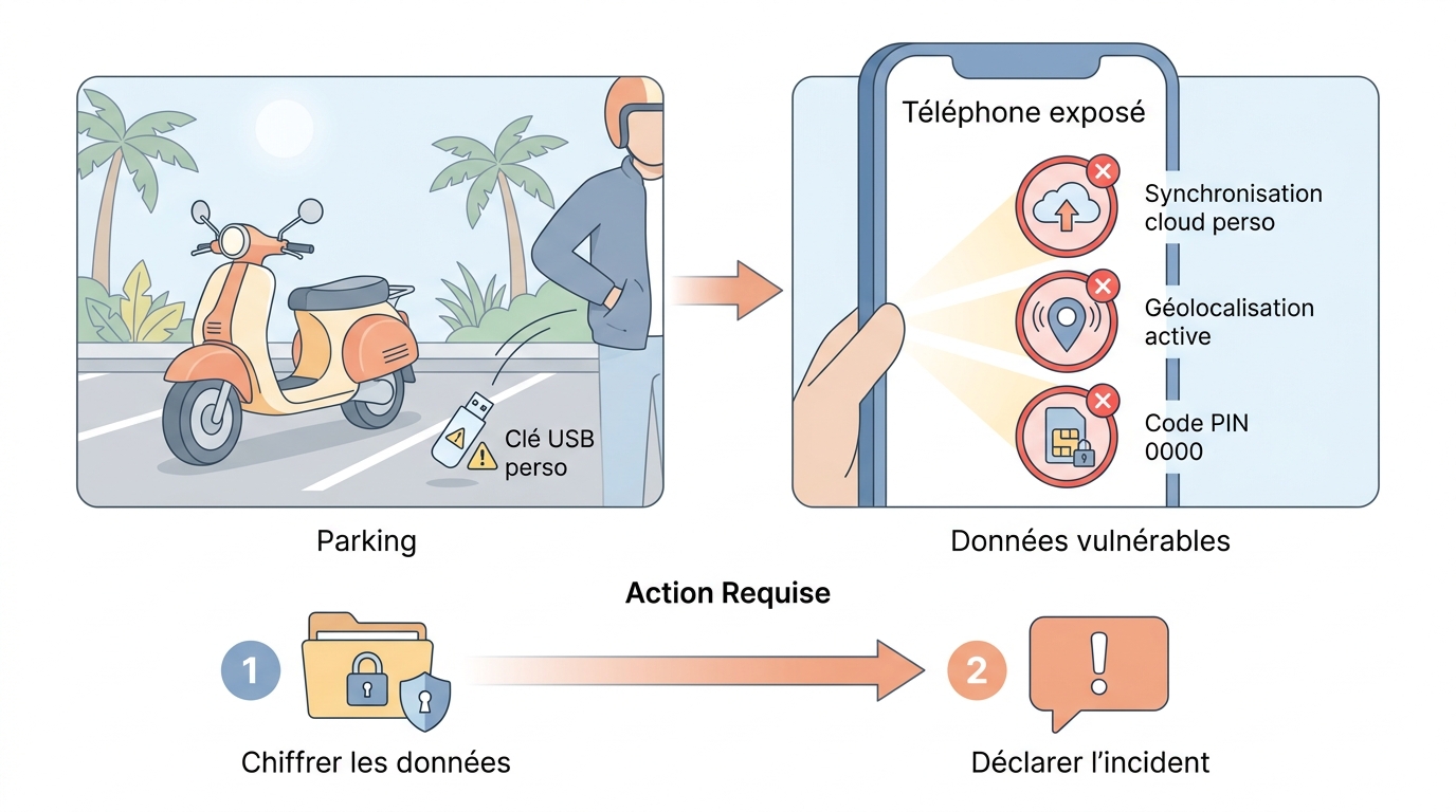 Clé USB tombée sur un parking et smartphone mal protégé : les deux failles classiques du BYOD hors du bureau.